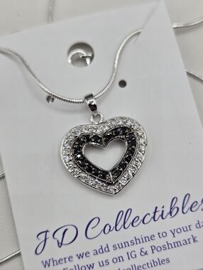 Swarovski Crystal Elements Silver Heart Necklace Black Clear 23 inch Prom Bridal